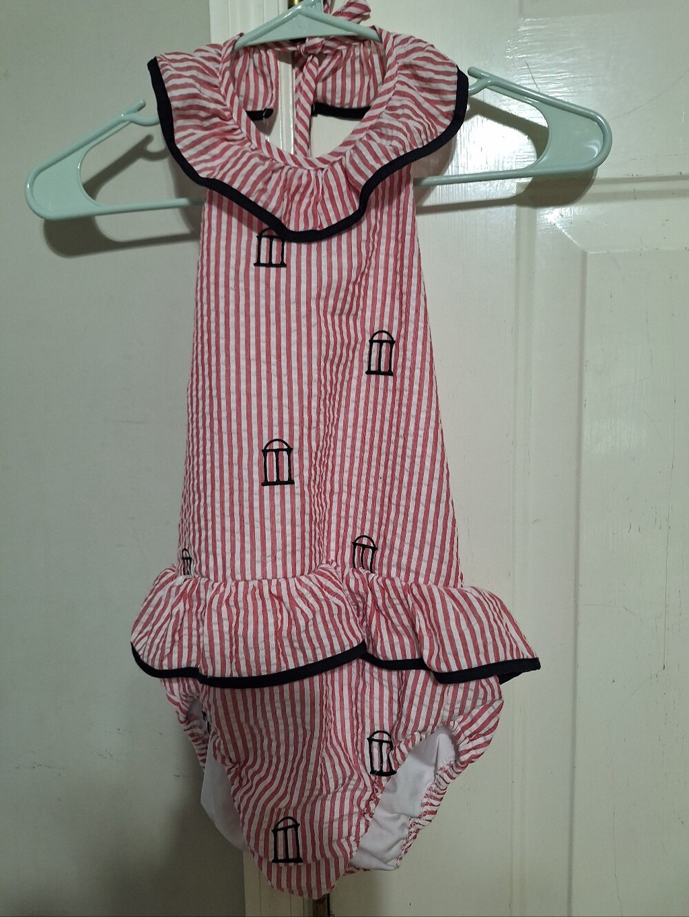 Little Bear Smocks Girls Seersucker Red Stripe One-Piece Swimsuit Sz 12